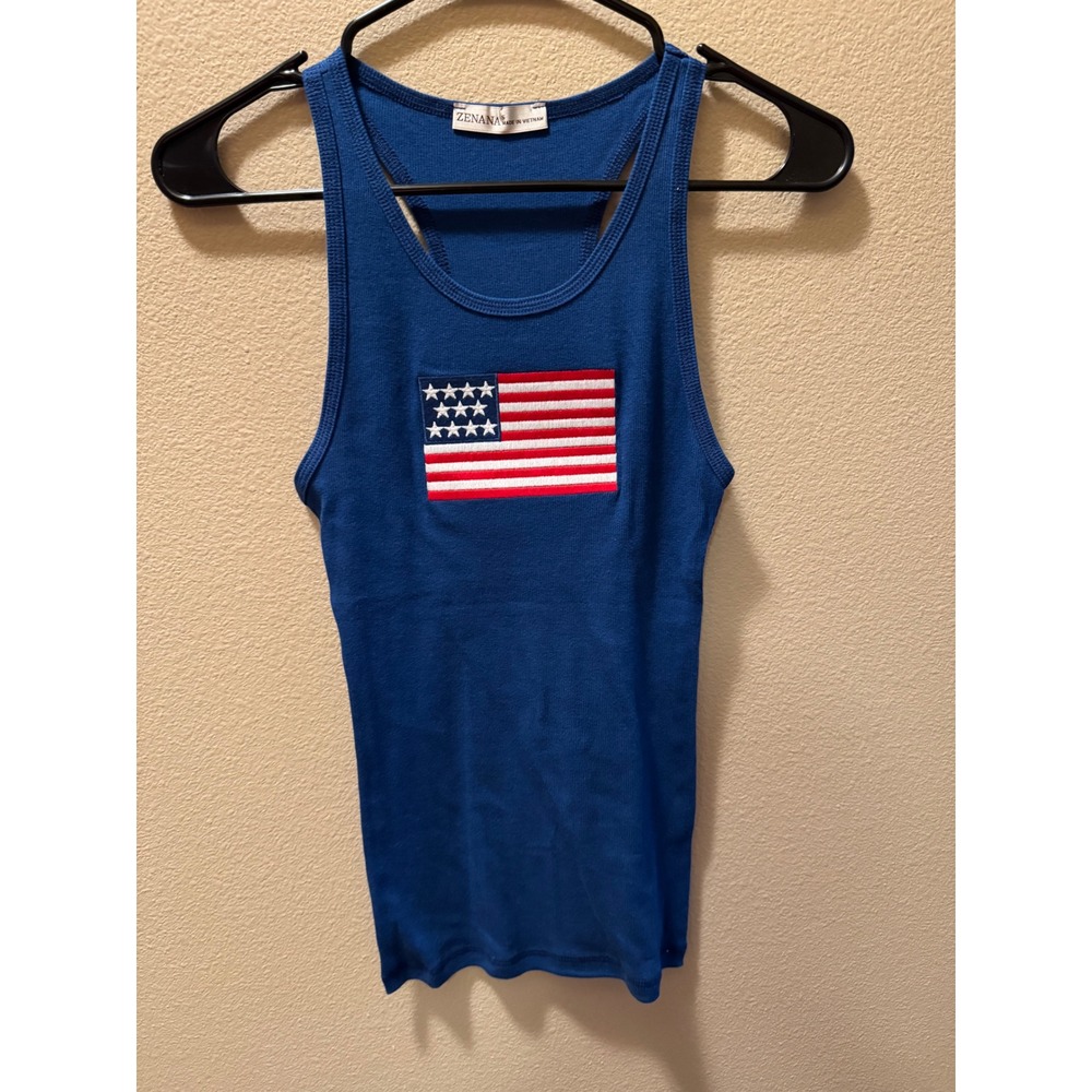 Zenana Womens Royal Blue Ribbed American Flag Racerback Tank Top Small
